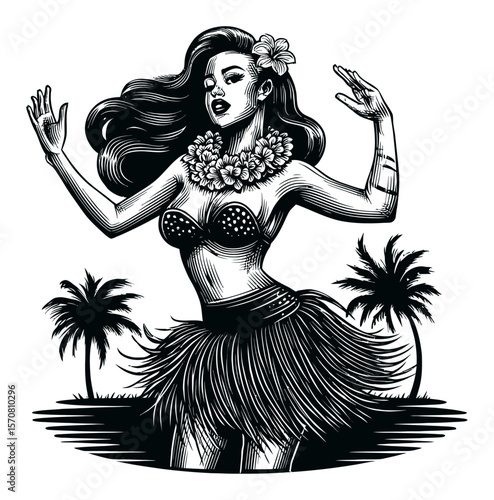 Vintage Hawaiian Hula Dancer Illustration with Tropical Elements and Style