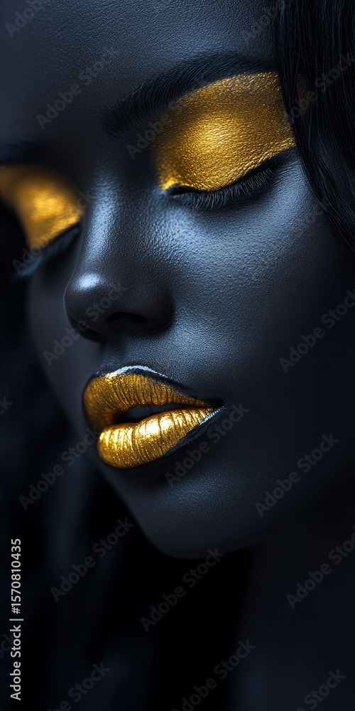 Dramatic Portrait of Black Woman with Golden Makeup Emphasizing Her Beautiful Lips and Eyes Dramatic Portrait of Black Woman with Golden Makeup Emphasizing Her Beautiful Lips and Eyes