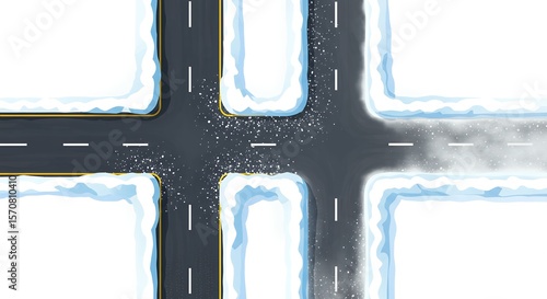 Snowy city intersection overhead view