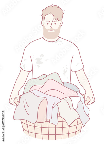 A man looks distressed with a full laundry basket, symbolizing the burden of household chores and responsibilities