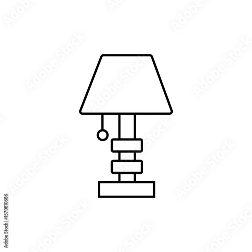 A simple outline vector illustration of a classic table lamp with a rectangular base, stacked body, and a lampshade. Ideal for interior design, home decor, or lighting themes.