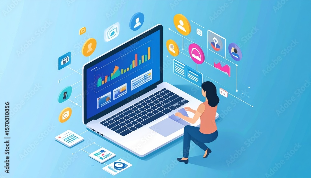 Target market or audience. Marketing segmentation strategy and analysis. Marketer using laptop computer to research customer data. Target market or audience. Marketing segmentation strategy and analysis. Marketer using laptop computer to research customer data.
