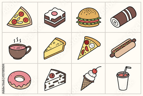 Diverse collection of food icons including pizza and burger arranged in a grid