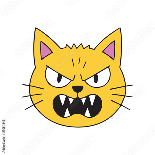 Angry yellow cat face with sharp teeth – expressive cartoon feline illustration for stickers, emojis, digital comics, edgy pet designs, and funny animal art with attitude and bold personality