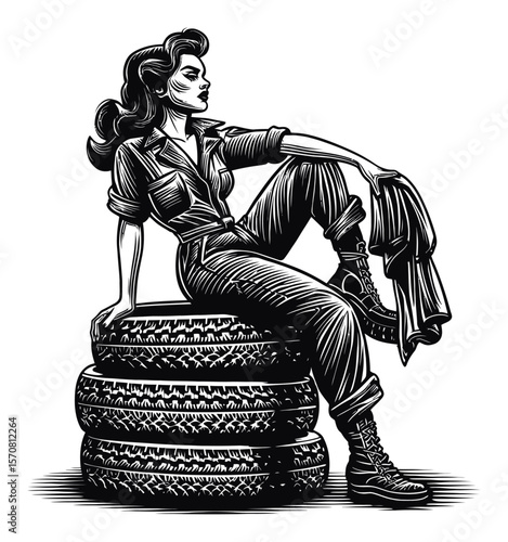 Vintage Illustration of a Confident Woman Sitting on Tires in Retro Style