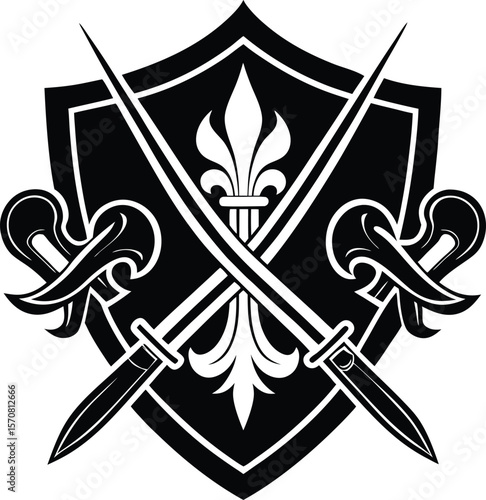 Vector art of a shield with swords and fleurdelis isolated on white background