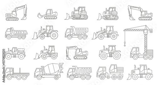 Construction and Heavy Machinery Line Icon Set