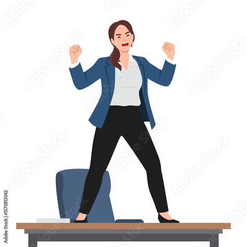 Angry Woman Standing on a Desk. Flat vector illustration isolated on white background