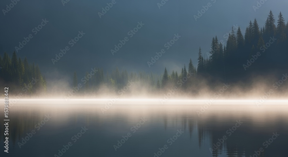 Fototapeta premium Misty Morning Lake Scene with Forest Silhouette and Soft Atmospheric Light
