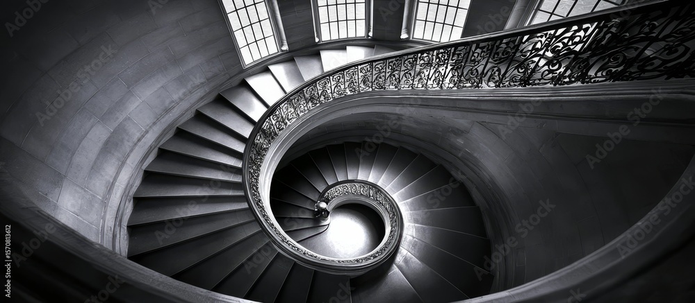 Fototapeta premium A captivating spiral staircase captured in monochrome elegance.