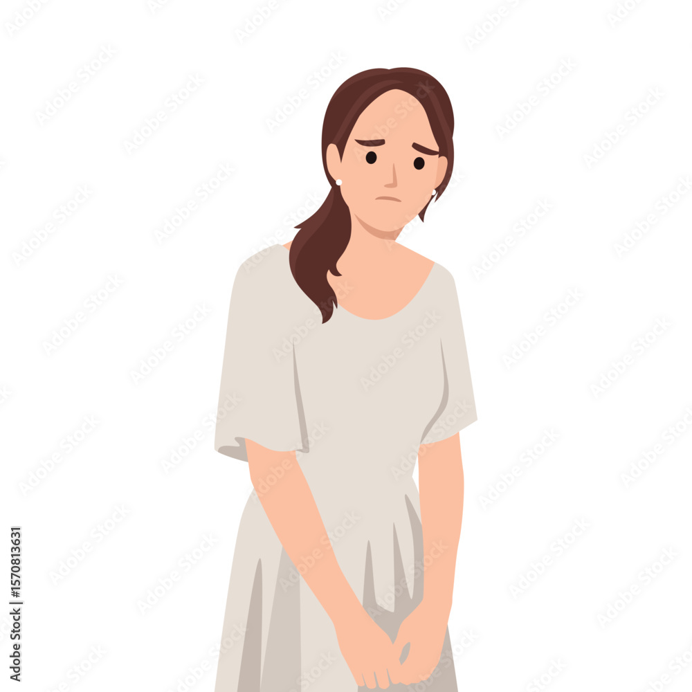 Sad Woman Standing in a Pale Dress. Flat vector illustration isolated on white background Sad Woman Standing in a Pale Dress. Flat vector illustration isolated on white background