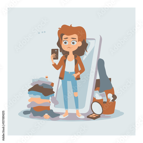 Cartoon Character Stands Amidst Pile of Clothes and Looks at Smartphone