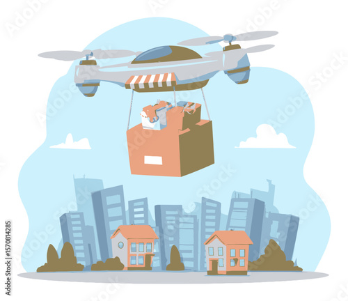 Delivery Drone Cartoon Illustrating Modern Urban Environment with Boxes