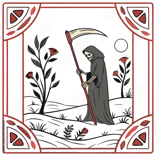 Tarot-Style Vector Card with Death and Rebirth – Mystical Transformation Art, Arcana XIII Illustration, Symbolic Cycle of Life, Ethereal Metaphor Design, High-Resolution Occult Graphic