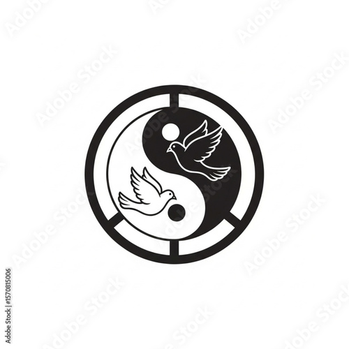 Yin and Yang symbol with doves inside, representing balance and peace, enclosed in a circle.