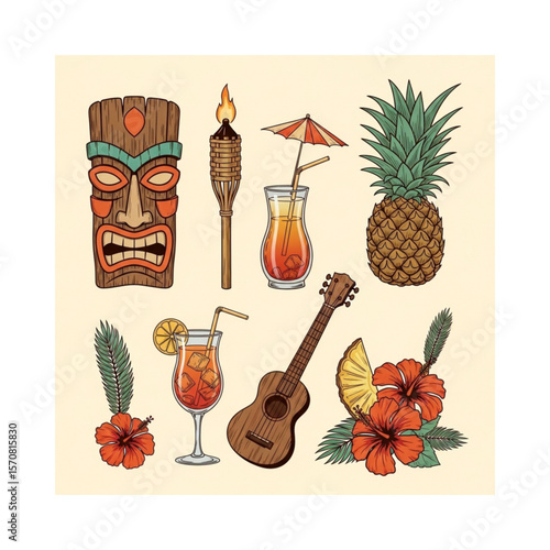 Collection of Hawaiian themed illustrations featuring a tiki mask, drinks, and tropical elements.