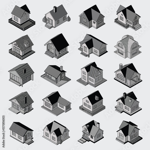 Twenty isometric grayscale house illustrations showcasing diverse architectural styles including ranch bungalows colonial and contemporary designs featuring varying rooflines window