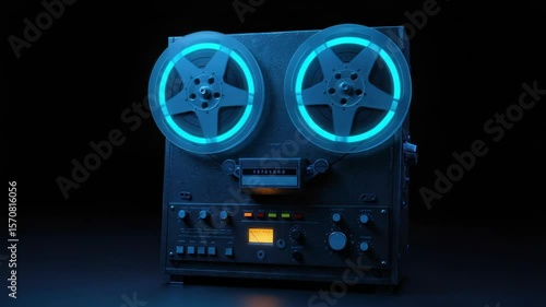 Vintage Reel-to-Reel Recorder: Retro Audio Technology with Glowing Blue Accents in Motion