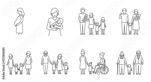  Family Life and Generations Line Icon Set
