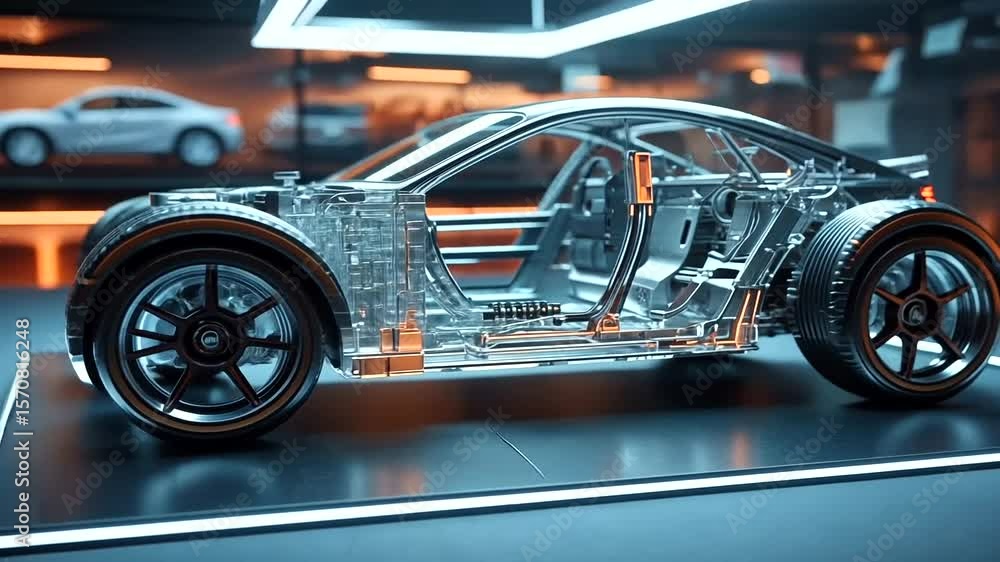 Detailed 3D Visualization of a Futuristic Car Chassis with Intricate Transparent Design Detailed 3D Visualization of a Futuristic Car Chassis with Intricate Transparent Design