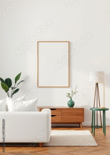 Warm and cozy composition of spring living room interior with mock-up poster frame wooden sideboard white sofa green stand base with leaves plants and stylish lamp home decor generative ai Emp