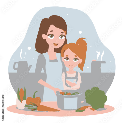 Mother and Daughter Cooking Together in a Bright Cartoon Kitchen Scene