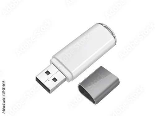 White USB flash drive with its cap removed, lying on a white surface.
