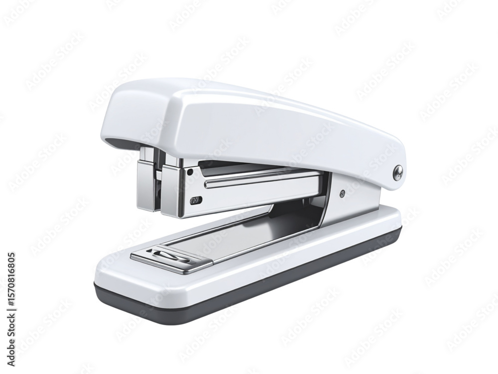 A close-up, isolated view of a white stapler, ready to bind papers. A close-up, isolated view of a white stapler, ready to bind papers.