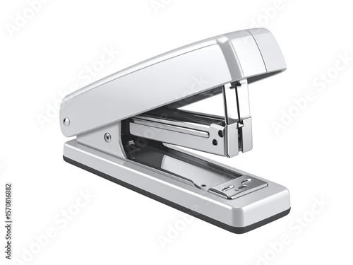 A close-up studio shot of a silver stapler, isolated on white.
