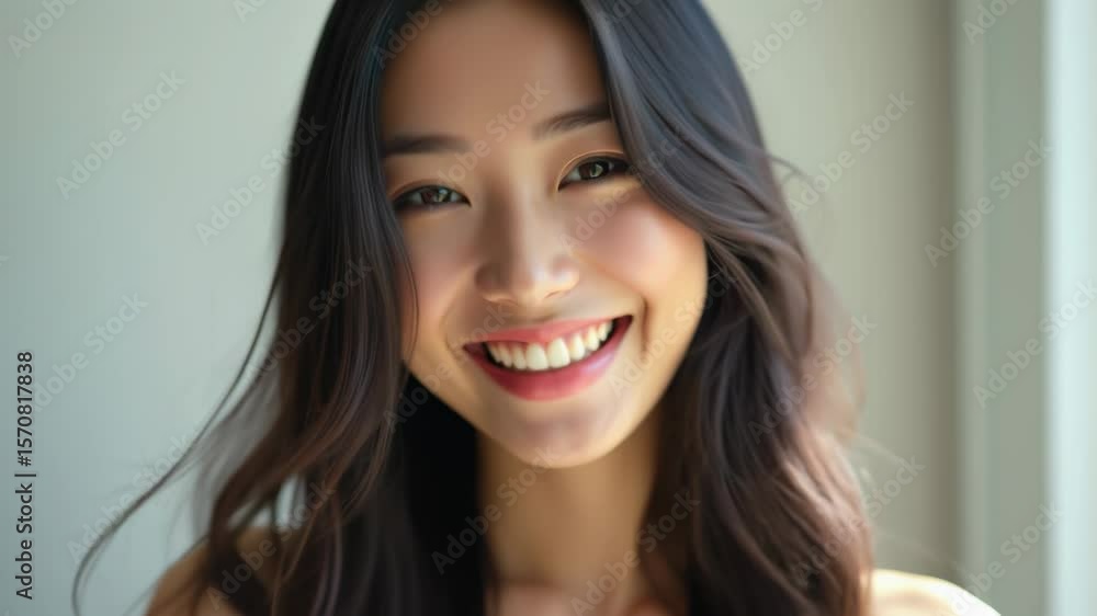 Smiling woman with long hair enjoying a sunny day indoors with natural light illuminating her face and creating a warm atmosphere Smiling woman with long hair enjoying a sunny day indoors with natural light illuminating her face and creating a warm atmosphere