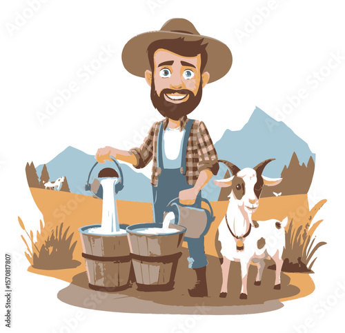 Cartoon Farmer Milking Goat in Nature, Vector Illustration Design