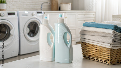 Unisex Period Products Modern laundry setup with detergent bottles, clean towels, and washing machines in a bright room.