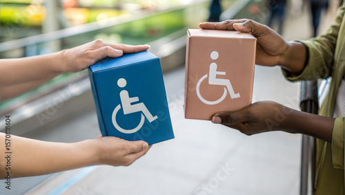 Unisex Period Products Hands exchanging two boxes featuring accessibility symbols in a vibrant setting.