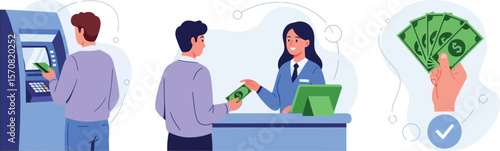 Bank transactions with atm, teller, and cash