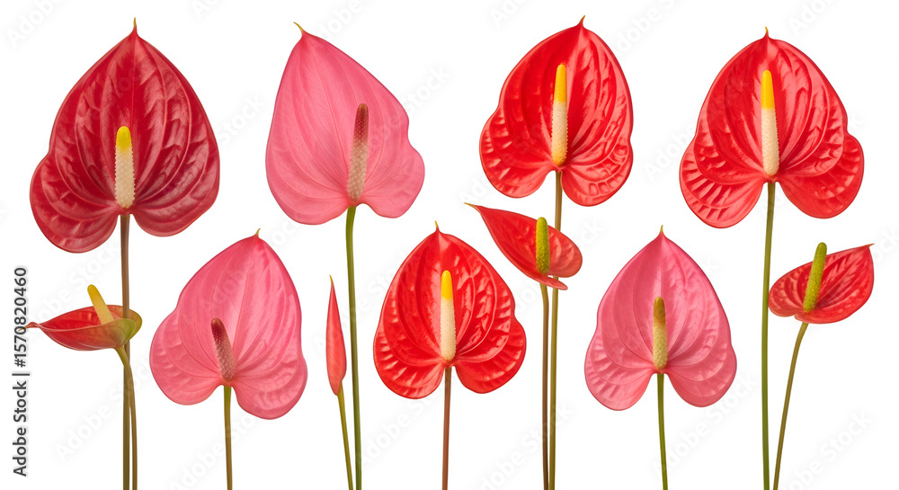 Obraz premium Vibrant Red & Pink Anthurium Blooms on Black Background, Exquisite Tropical Flower Display