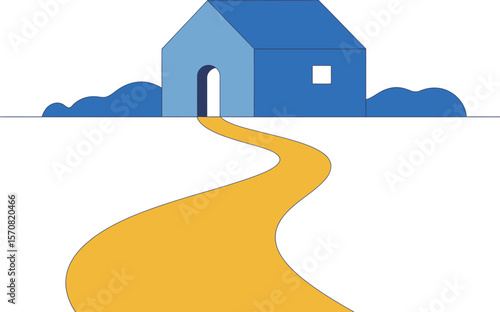 Blue house with yellow path illustration for real estate and home design needs