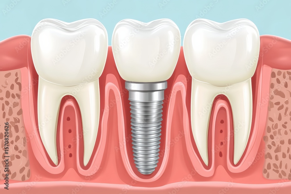 Dental implant graphic showing integration with natural teeth and surrounding gum tissue Dental implant graphic showing integration with natural teeth and surrounding gum tissue