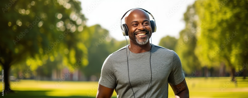 Obraz premium Sports and physical education as a lifestyle. Mature African American athlete during jogging workout in city park. Jogging workout with your favorite music with online app.