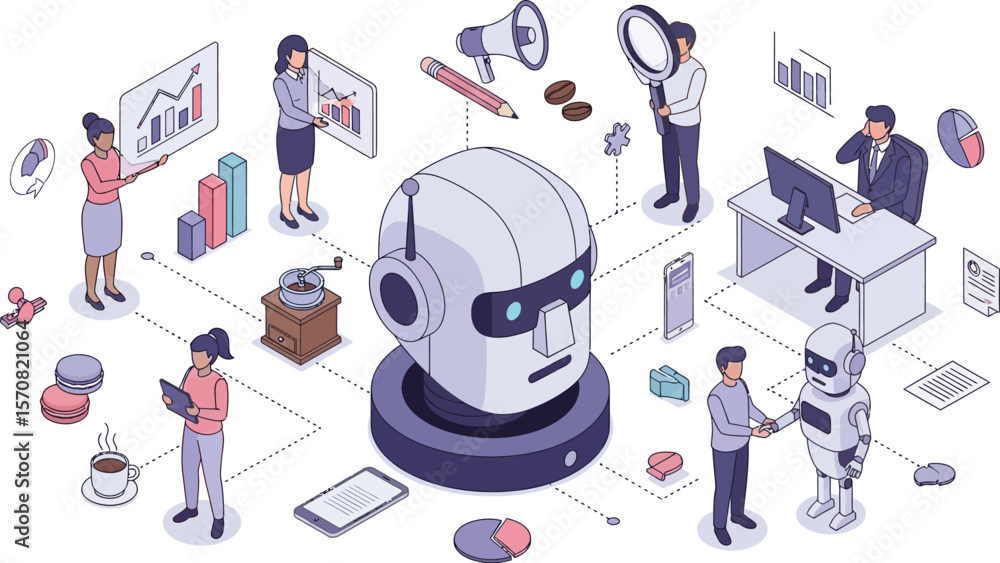Isometric illustration of robot head with people and objects Isometric illustration of robot head with people and objects
