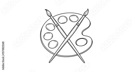 Paint palette with brushes hand-drawn black and white illustration