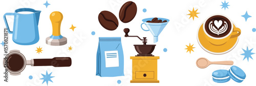 Coffee preparation and serving vector illustration