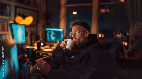 A programmer in a black hoodie sips coffee amidst glowing screens in a dimly lit home office, surrounded by tech gear and code.