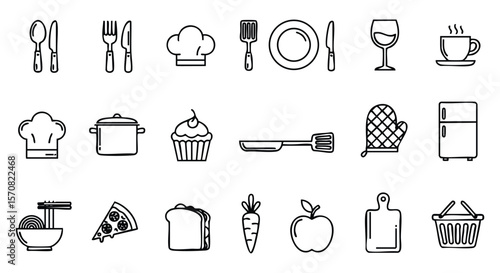 Collection of kitchen and food related icons in a simple line art style
