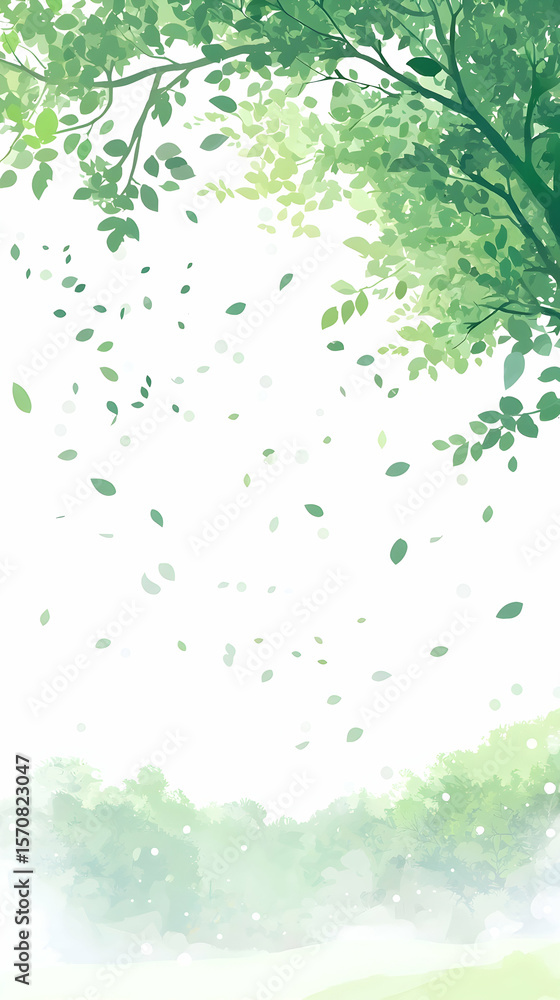 Lush green leaves falling from trees, peaceful nature scene, perfect for desktop wallpaper or greeting card, subtle color palette Lush green leaves falling from trees, peaceful nature scene, perfect for desktop wallpaper or greeting card, subtle color palette