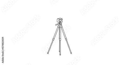 Camera on tripod hand-drawn black and white minimal illustration