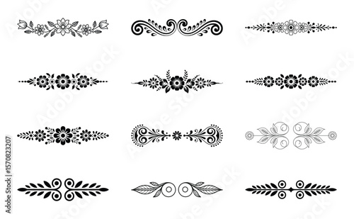 Collection of decorative floral and swirl borders isolated on white background