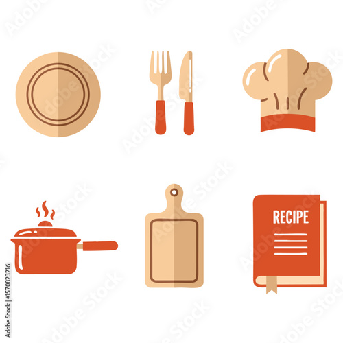 Collection of flat design cooking icons including a plate fork knife chef hat pot cutting board and recipe book