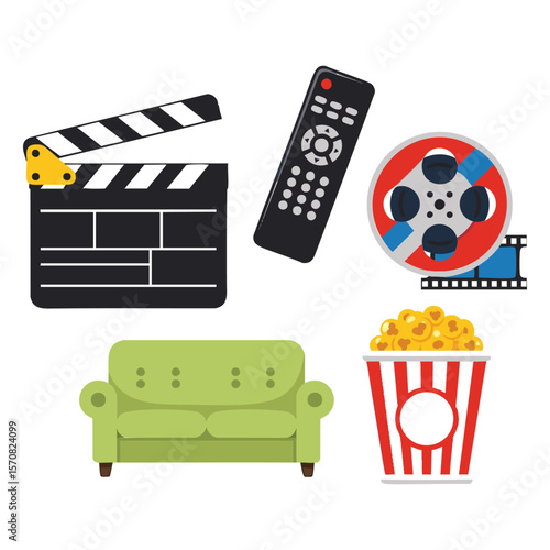 Home movie theater experience with popcorn couch remote and film reel