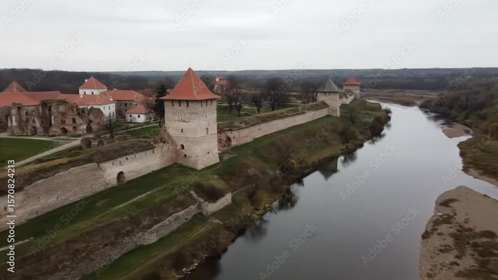 An aerial view shows a medieval castle with stone walls and towers ...