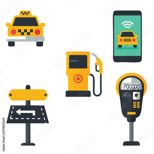 Collection of transportation and city service icons including taxi gas pump parking meter and road sign